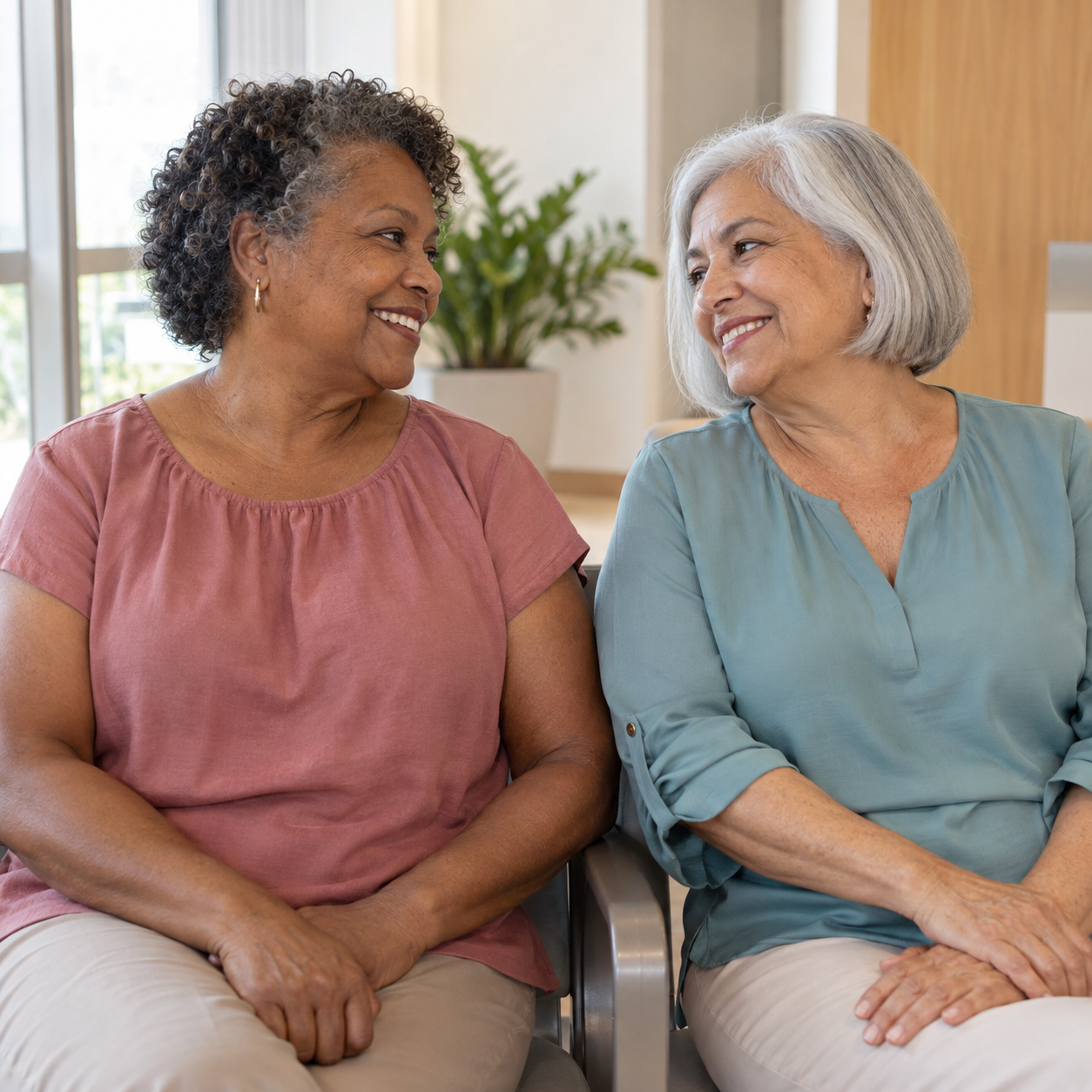 Duas mulheres maduras sorrindo uma para a outra em ambiente clínico acolhedor — amizade e cuidado compartilhado